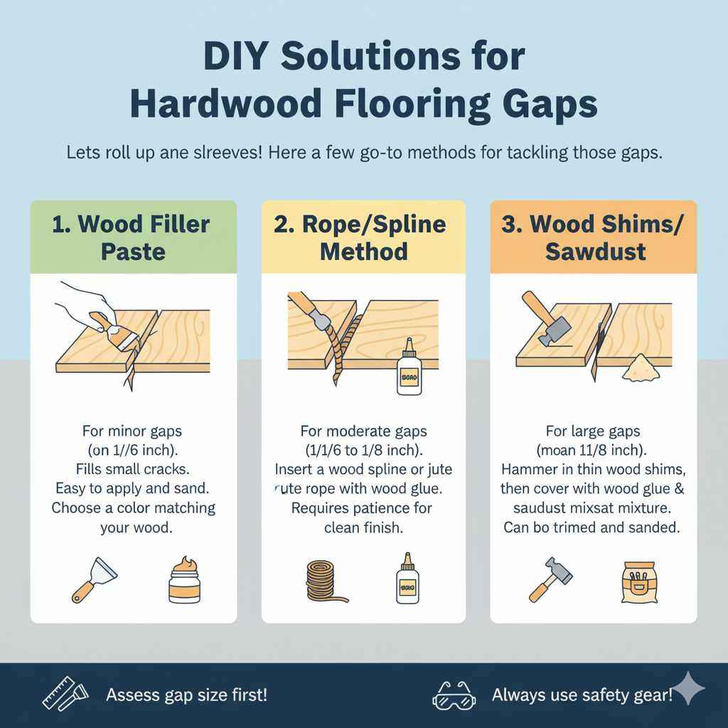 DIY Considerations for Beginners

As Md Meraj, your woodworking mentor, I always emphasize safety, patience, and picking projects that build your confidence. Installing hardwood floors can be a rewarding DIY experience!

Choosing Your Installation Method

Floating Floor: This is often the easiest for beginners, especially with click-lock engineered hardwood. The planks connect to each other, and the floor "floats" over the subfloor, attached only at the edges by baseboards. No glue or nails are needed except possibly in very large rooms for stability.

Nail-Down: This involves nailing the planks to a wooden subfloor. It requires a specialized flooring nailer (often rentable) and some practice. It's very secure but more involved.

Glue-Down: The most challenging for DIYers, this involves adhering the planks directly to the subfloor with specialized adhesive. It requires a very clean, flat subfloor and careful application.

For most beginners, a click-lock floating floor (especially with engineered hardwood) is the way to go. It significantly reduces the complexity and tool requirements.

Tools You Might Need (for a floating floor):

Measuring tape

Pencil

Chalk line

Utility knife

Miter saw or circular saw (for cutting planks)

Jigsaw (for cutting around obstacles like door frames)

Rubber mallet

Tapping block and pull bar (usually come with the flooring kit)

Spacers (to maintain expansion gaps)

Safety glasses and gloves

Underlayment (depending on flooring type and subfloor)

Always consult the manufacturer's installation guide for your specific flooring. They provide the best instructions for their product.

Preparing Your Living Room Subfloor

DIY Solutions for Hardwood Flooring Gaps