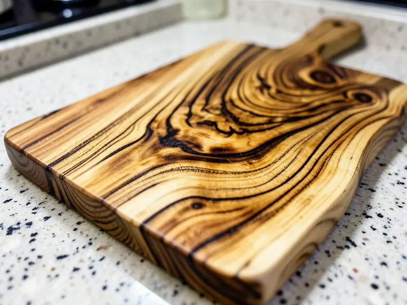 Close-up of acacia cutting board showing bold swirling high-contrast light and dark grain pattern
