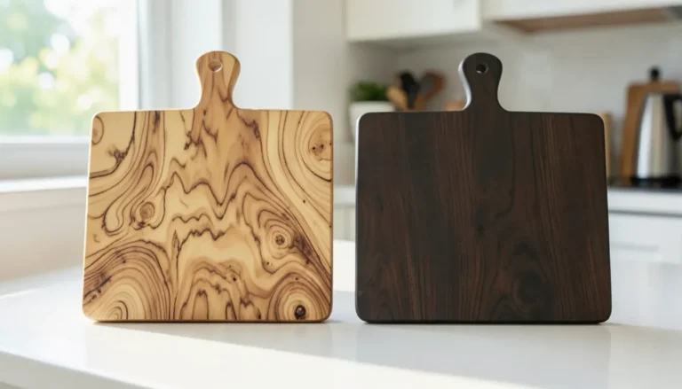 Acacia cutting board with bold swirling grain next to a black walnut cutting board with uniform dark chocolate brown grain