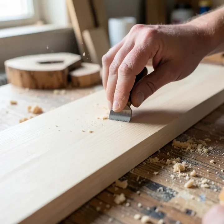 woodworker hand-sanding a pale ash wood board on a workshop bench woodworker hand-sanding a pale ash wood board on a workshop bench