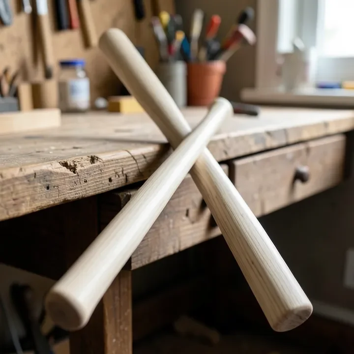 ash wood baseball bat and axe handle leaning against a workbench ash wood baseball bat and axe handle leaning against a workbench