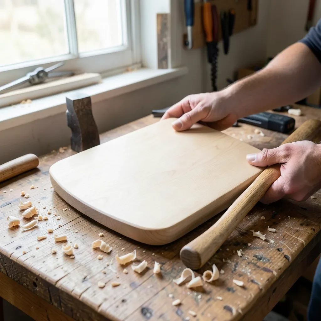 ash wood cutting board and axe handle on a woodworking bench