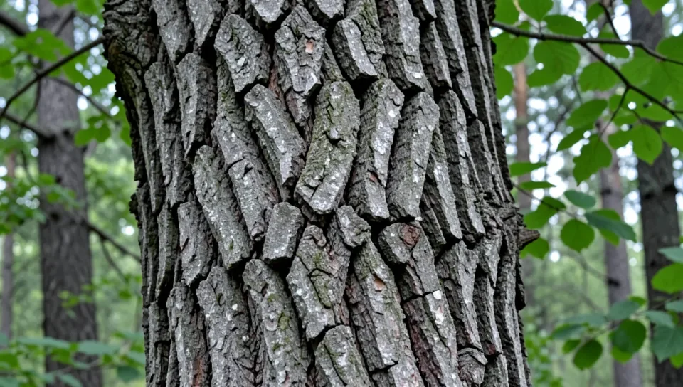 American ash tree trunk with characteristic diamond-furrowed bark, the species devastated by the emerald ash borer