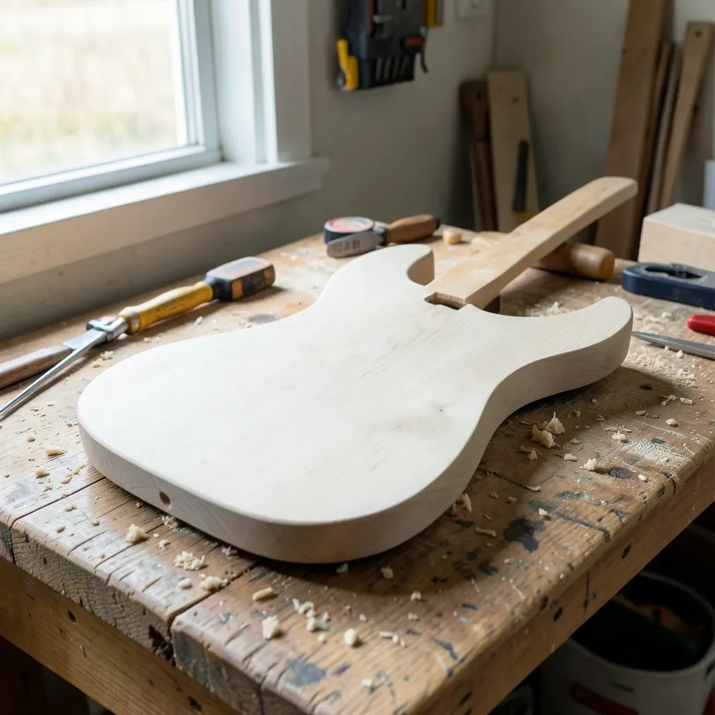 unfinished guitar body shape cut from a swamp ash wood plank