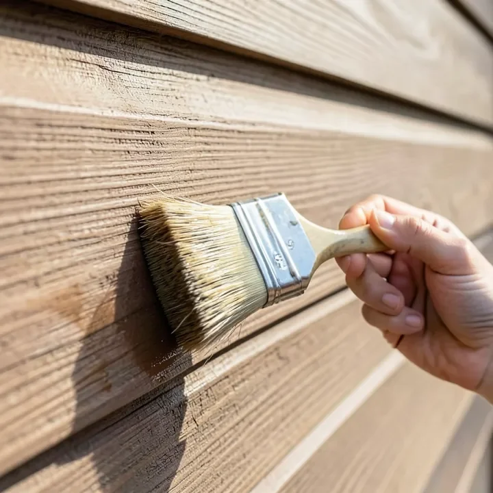 Applying semi-transparent exterior stain to ash wood siding boards with a brush