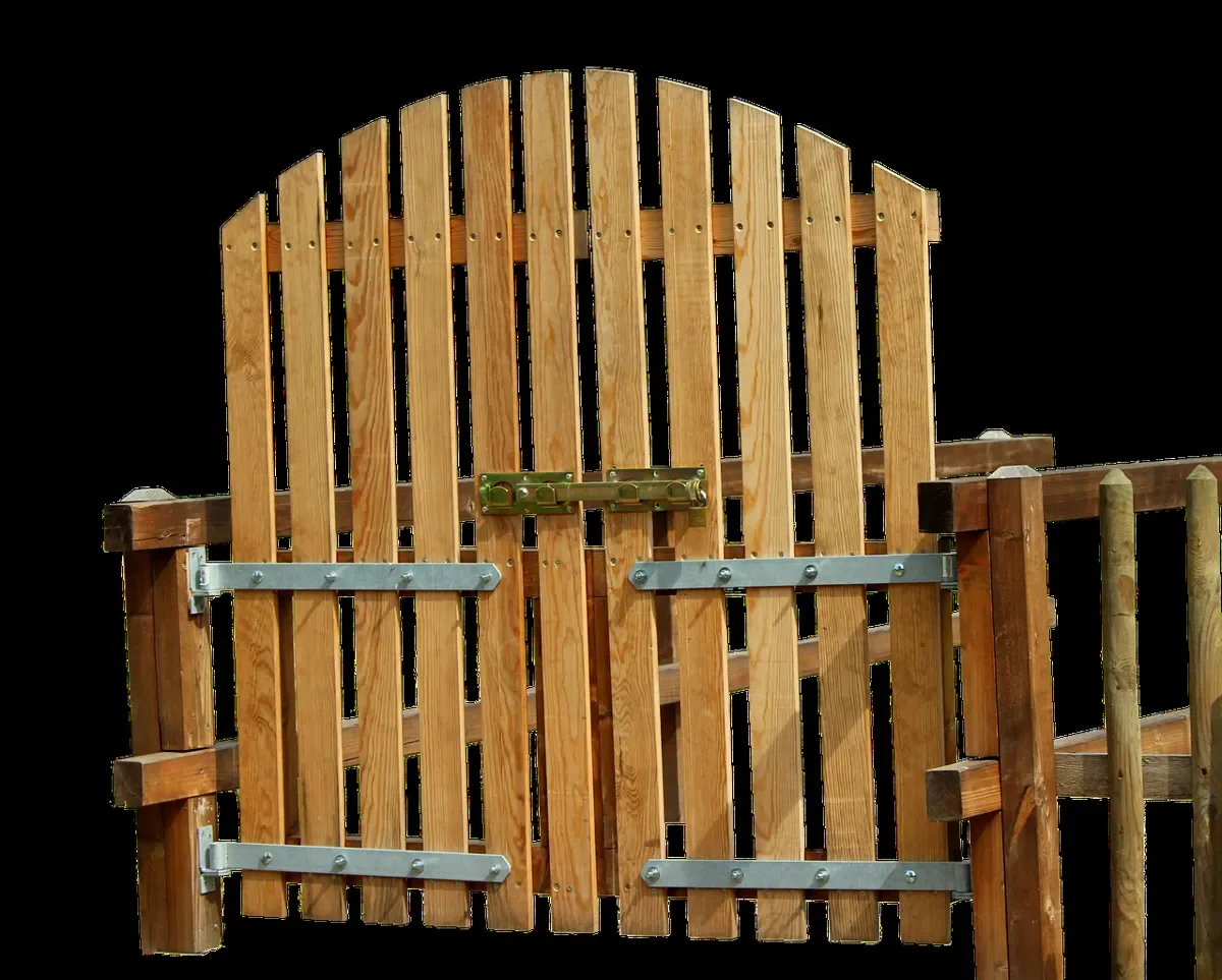 Arched wooden gate with long strap hinges and a surface latch