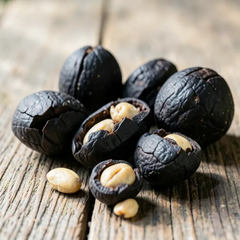 cracked black walnuts with dark husks and pale kernels on a wooden table