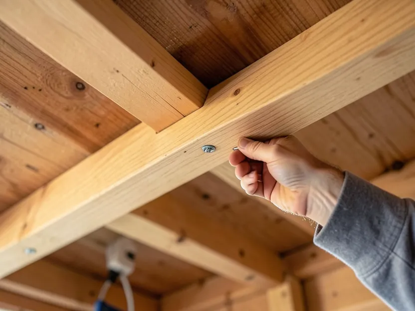 Carpenter installing a hollow decorative ash wood ceiling beam