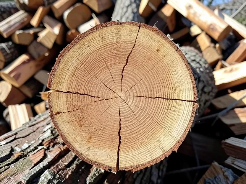Cross-section of a split ash log showing tight, pale wood grain on a woodpile