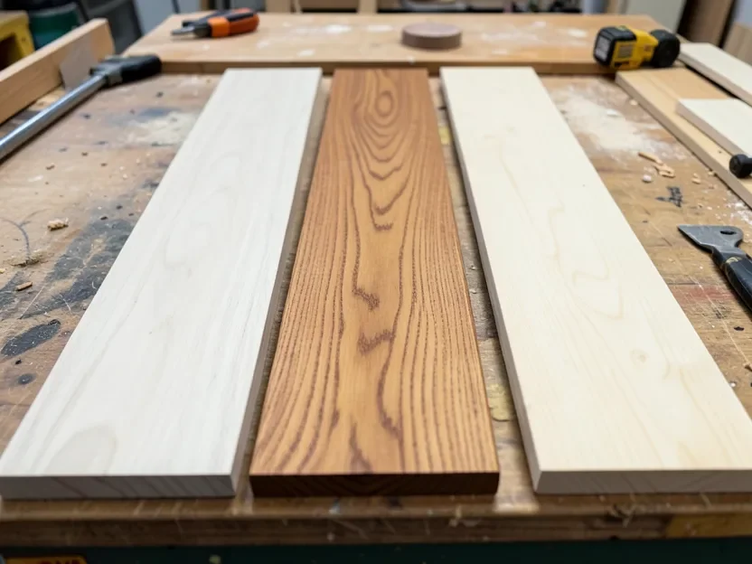 Ash, oak, and maple hardwood boards side by side showing grain and color differences