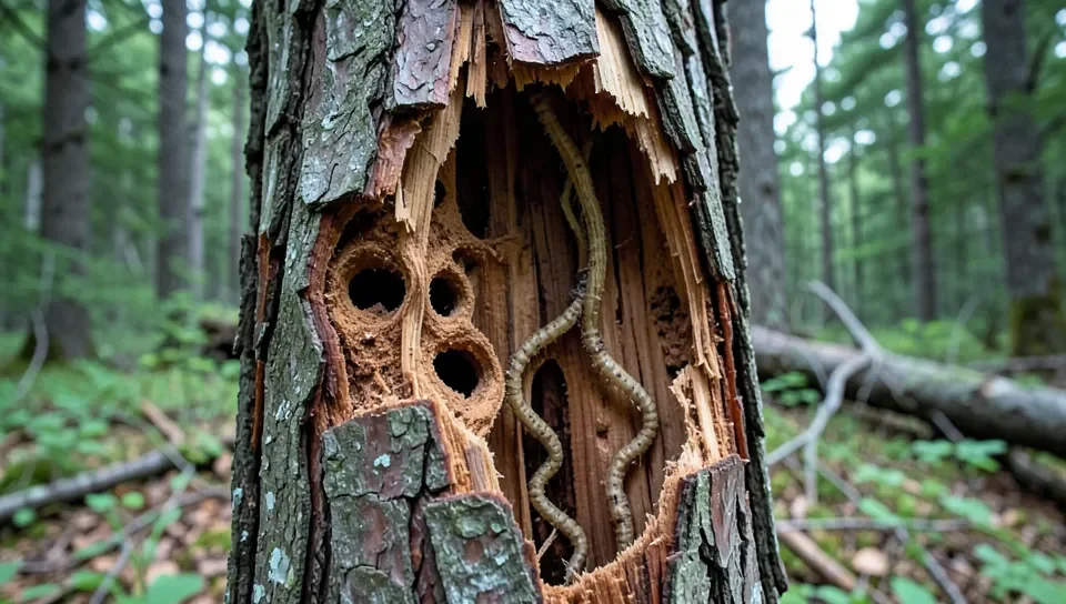 Dead tree bark peeled back revealing wood-boring larval galleries typical of emerald ash borer damage