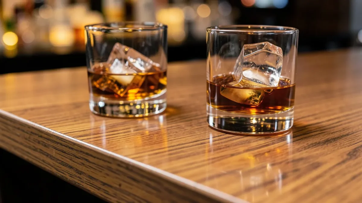 Ash wood bar top with a glossy finish and two whiskey glasses