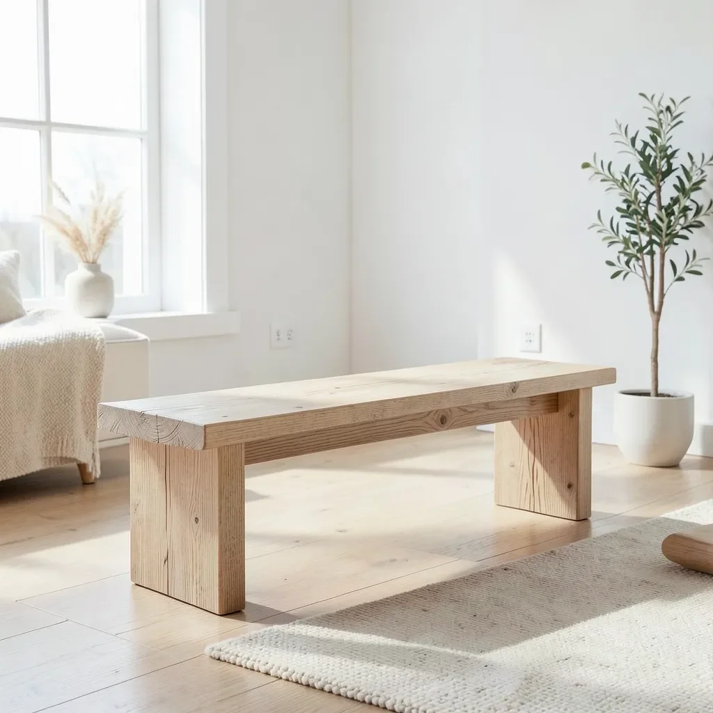 Handmade ash wood bench in a minimalist living room