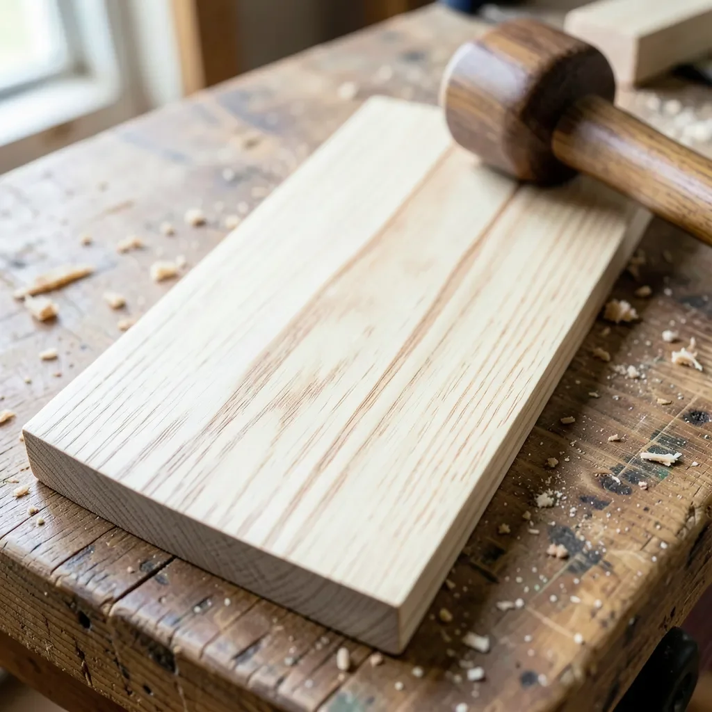 Ash wood board with straight grain next to a wooden tool handle on a workbench