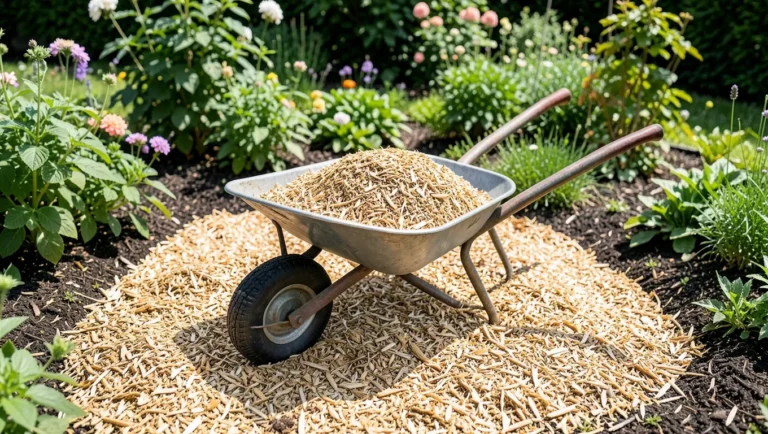 Spreading wood chip mulch around garden plants