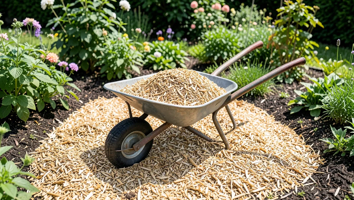 Spreading wood chip mulch around garden plants