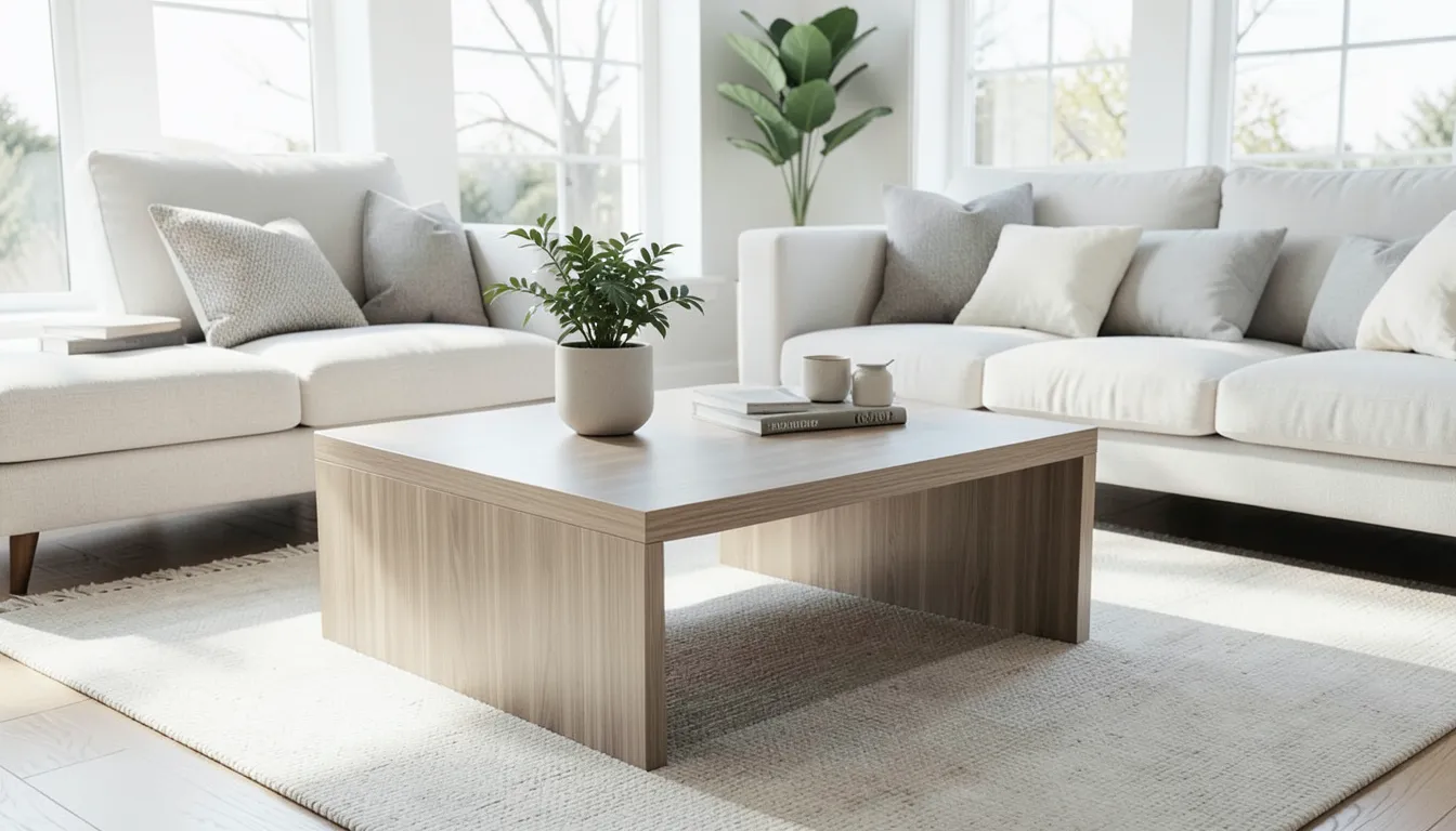 Solid ash wood coffee table with pale straight grain in a modern living room