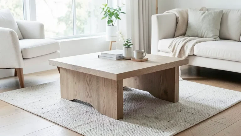 Finished ash wood coffee table with visible straight grain in a bright living room