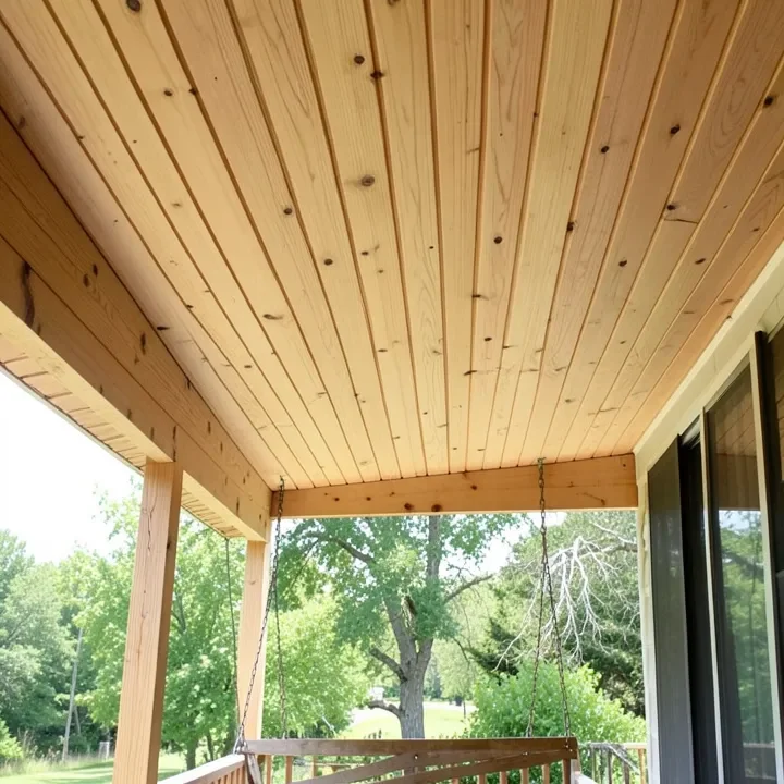 A covered porch ceiling built from light-colored wood boards, a protected application where regular ash performs well