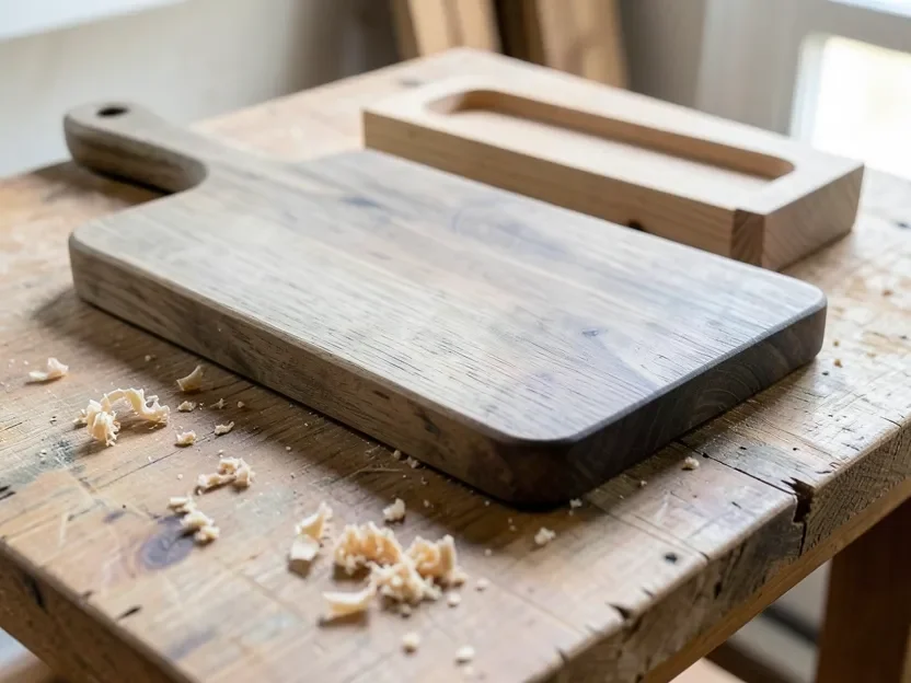 Handmade ash wood cutting board and shelf bracket on a woodworking workbench Handmade ash wood cutting board and shelf bracket on a woodworking workbench