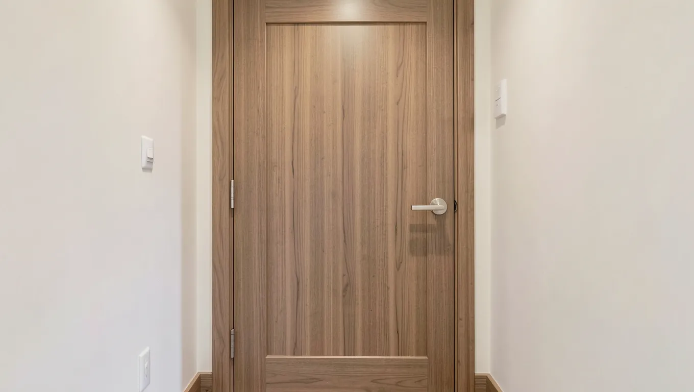 Solid ash wood interior door with straight grain and satin finish in a hallway