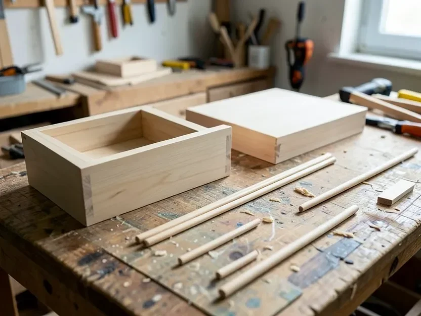 Ash wood drawer box components and dowel rods laid out on a workshop bench