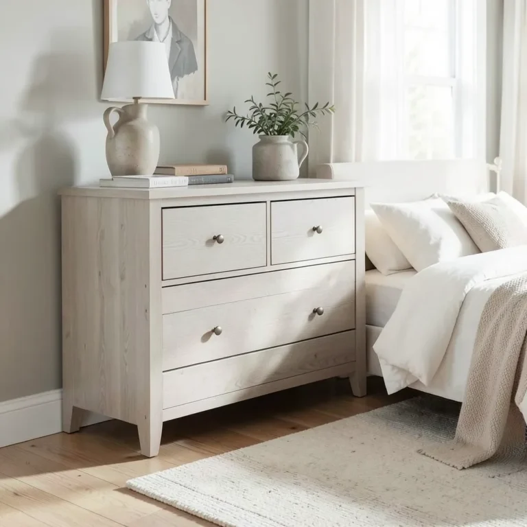Light ash wood dresser in a bright bedroom