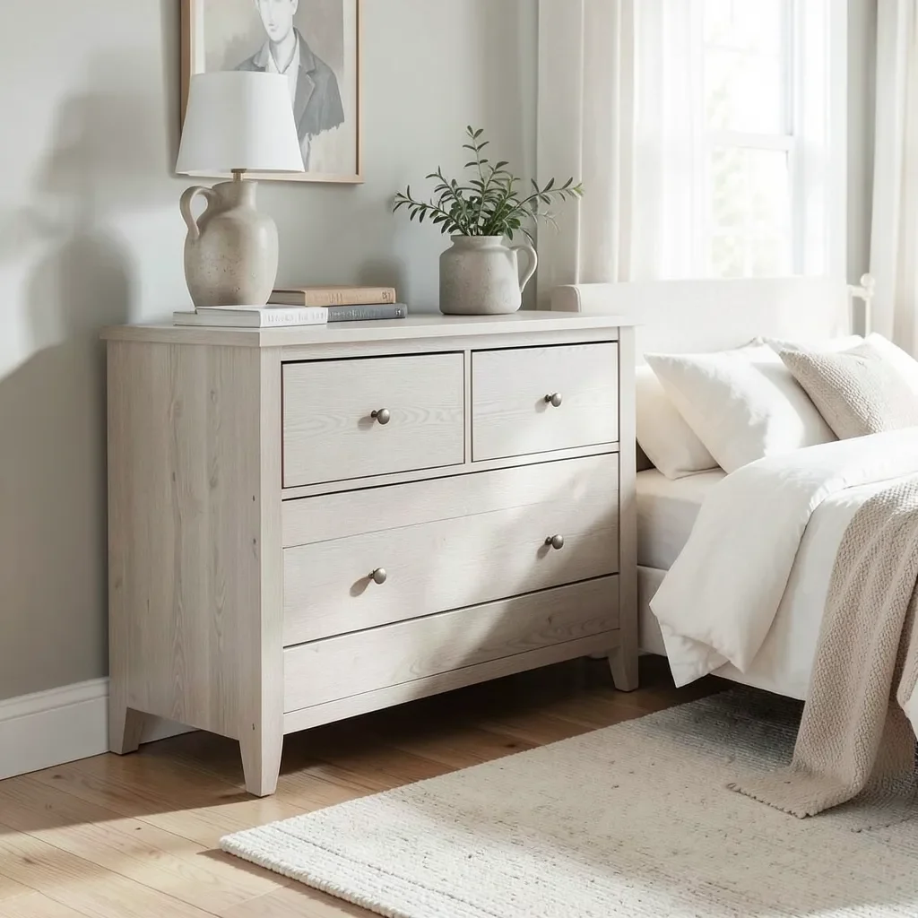 Light ash wood dresser in a bright bedroom