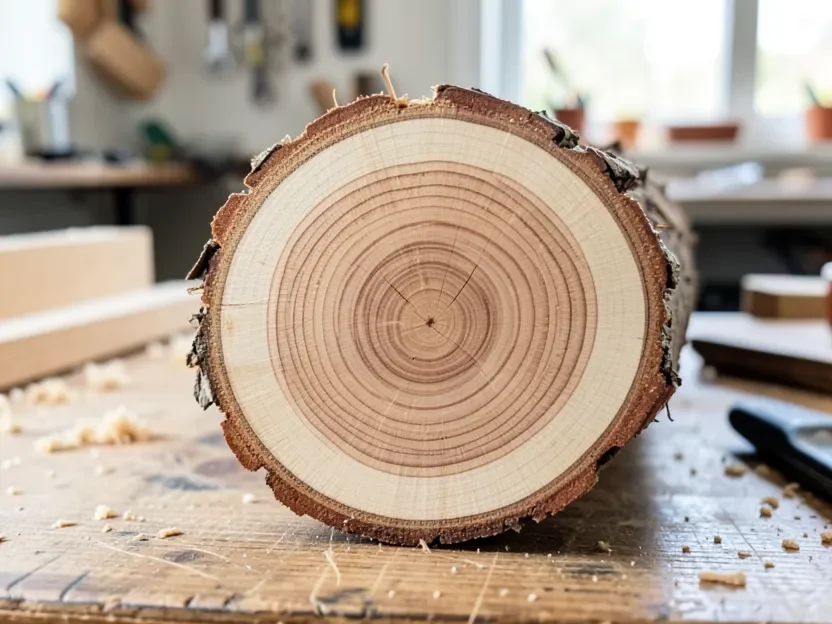 Cross-section of an ash log showing growth rings that relate to density and grain tightness