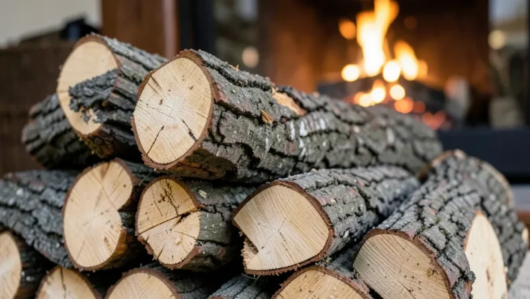 Split ash firewood logs stacked with a warm fireplace fire glowing in the background