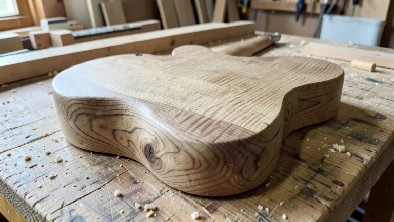 Unfinished ash wood electric guitar body showing its open, prominent grain pattern