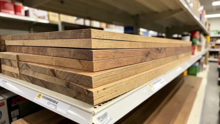 Stacked ash hardwood lumber boards on a home improvement store shelf