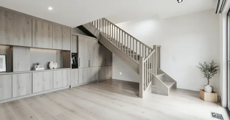Modern living room interior with light ash wood flooring and cabinetry