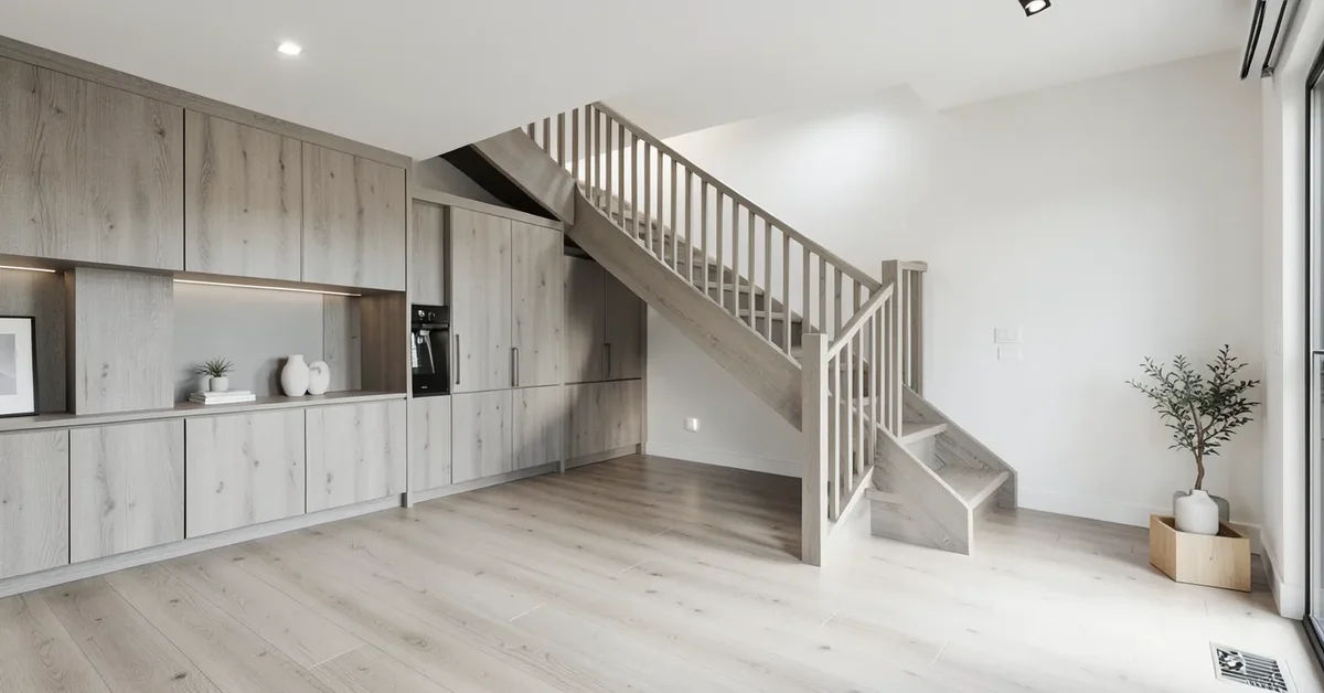 Modern living room interior with light ash wood flooring and cabinetry