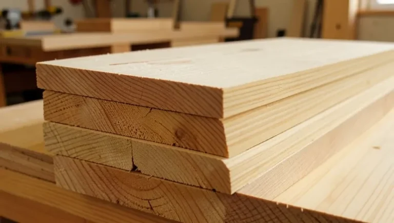 Stack of ash wood boards showing straight open grain in a woodworking shop