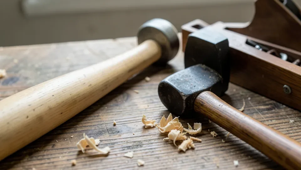 Wooden mallet and hand plane with ash-style handles on a workbench with shavings