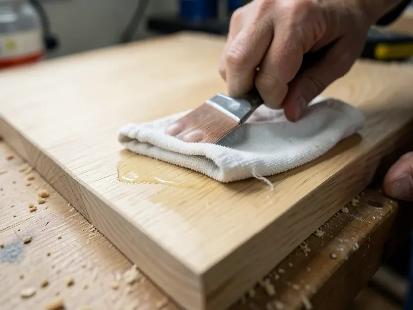 Applying oil finish with a cloth to a light ash wood plank, close-up on the grain Applying oil finish with a cloth to a light ash wood plank, close-up on the grain