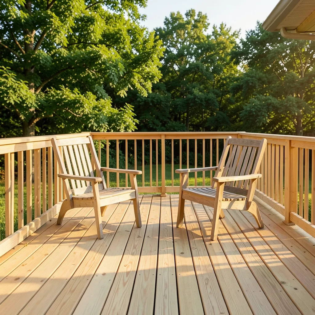 Backyard patio deck built from hardwood with outdoor wooden chairs