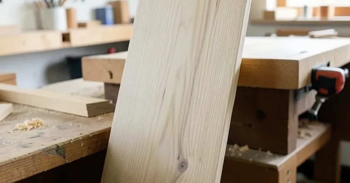 Light-colored ash wood plank with straight grain leaning against a workbench in a woodworking shop