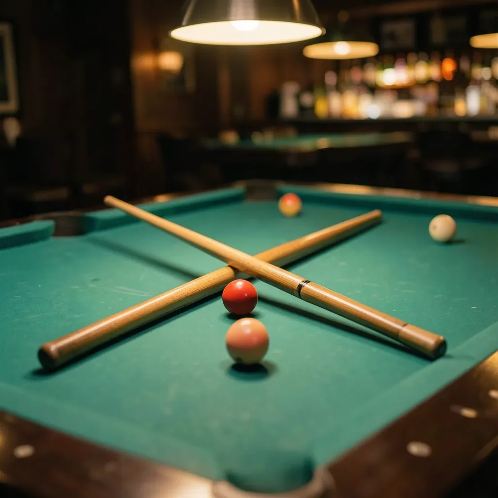 two wooden pool cues crossed over a billiard table