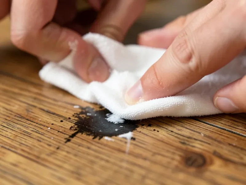 A hand applying baking soda paste with a soft cloth onto an ink stain on a wood floor plank
