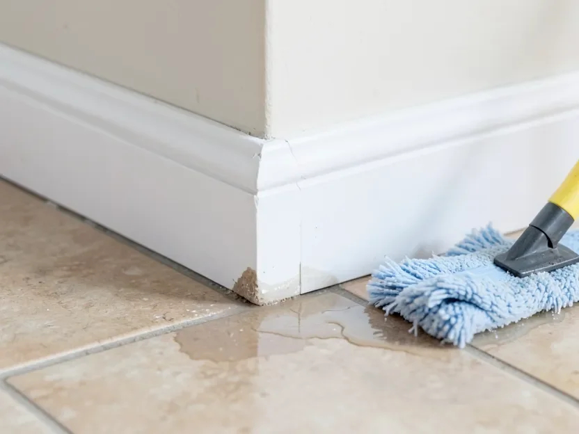 White baseboard trim at floor level next to a wet mop with water pooling at the base