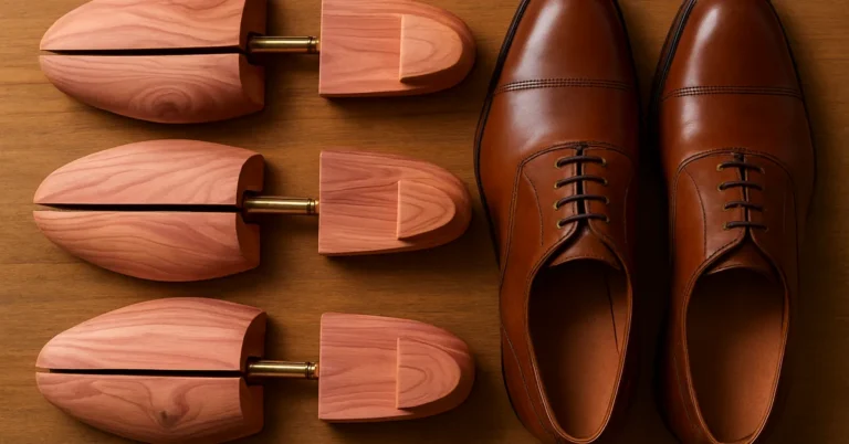 Three pairs of aromatic cedar shoe trees next to brown leather dress shoes