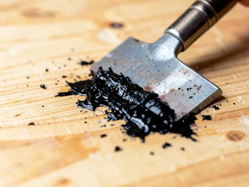 Close-up of black cutback adhesive residue being scraped off a wood subfloor