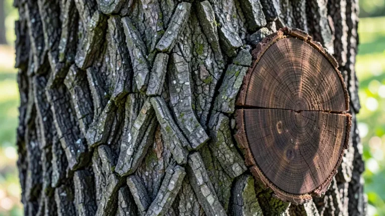 Black walnut tree trunk with deeply furrowed dark bark and a freshly cut cross-section showing rich dark brown heartwood