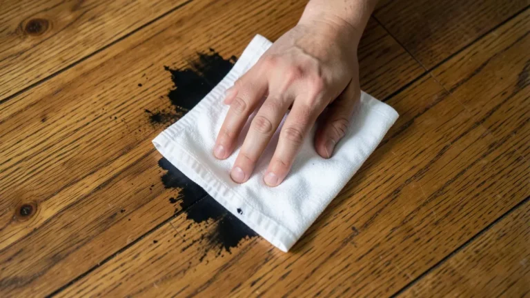 A hand blotting a fresh dark ink stain on a hardwood floor with a white cloth