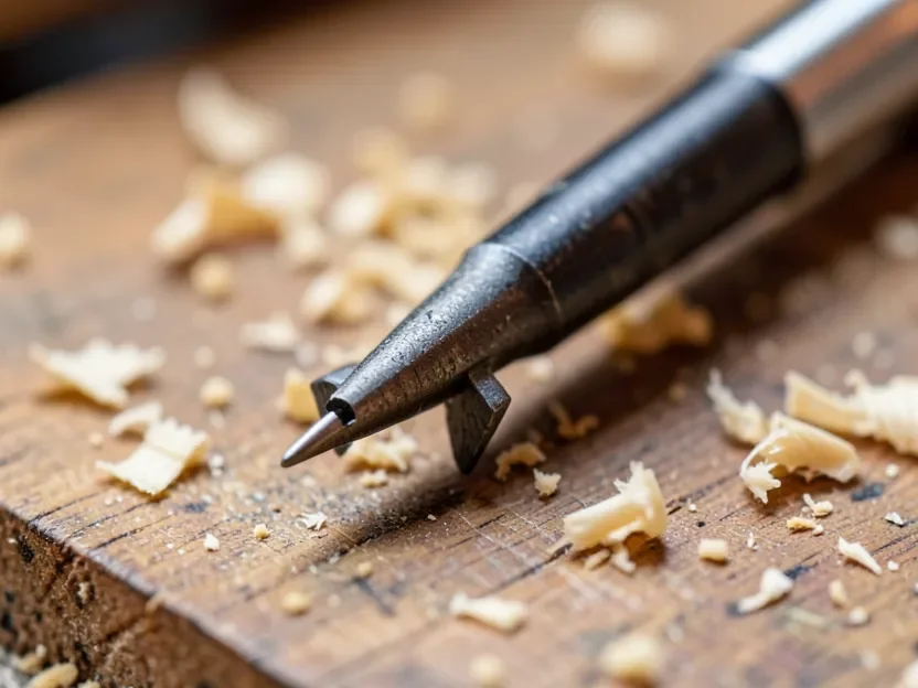 Close-up of a brad point wood drill bit showing the center spur and cutting spurs with wood shavings