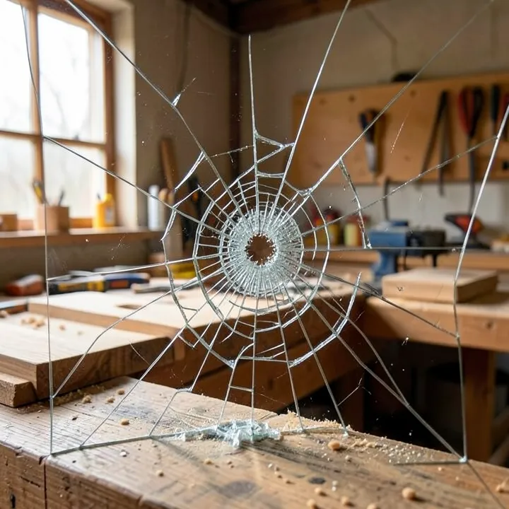 Tempered glass shattered into a spiderweb pattern of small fragments after being compromised