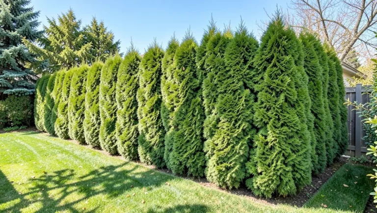 Dense green arborvitae privacy hedge along a backyard property line