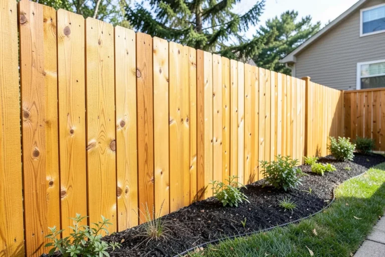 Board-on-board cedar privacy fence along a backyard landscaped bed